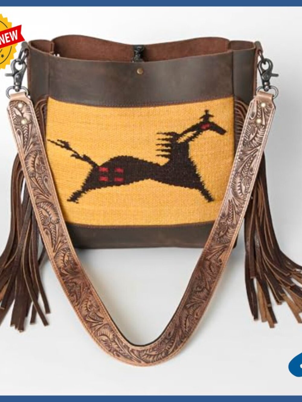 Genuine Leather Messenger Bag with Floral Carving Fringes Western Style - Picture 2 of 4